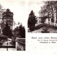 Ansichtskarte von 1930, die kleine Fußgängerbrücke existiert noch heute. Das Gebiet um den Wasserturm gehörte bis ca. 1970 (Entstehung von Neuberesinchen) zu Güldendorf.